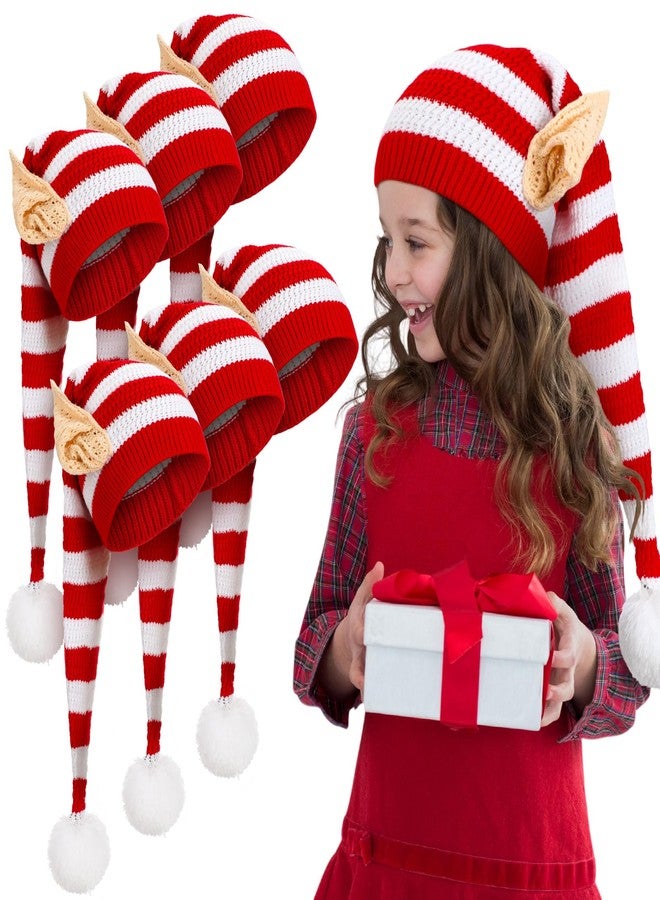 Funtery Christmas Knitted Elf Hats with Ears Crochet Long Santa Hats Beanie Elf Costume Accessories(6pcs,Red and White,Kid) - Image 1